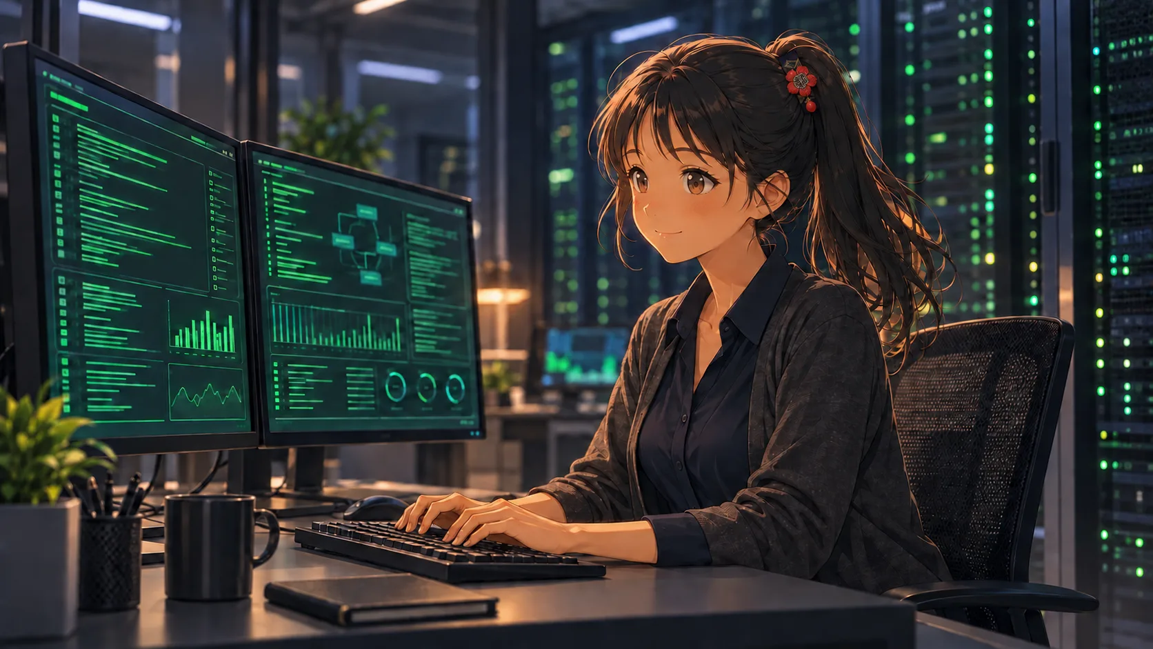 赤い奄美風の髪飾りを付けてサーバールームで作業する女性エンジニア
