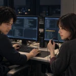 夜間の運用室で音声依頼を別経路確認する瀬名と律