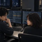 夜間の運用室で故障予兆を検証する瀬名と律