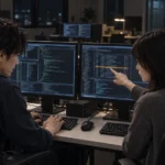 夜間の運用室でAI生成コードをレビューする瀬名と律