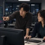 夜間の運用室で自律エージェントの権限連鎖を調べる瀬名と律
