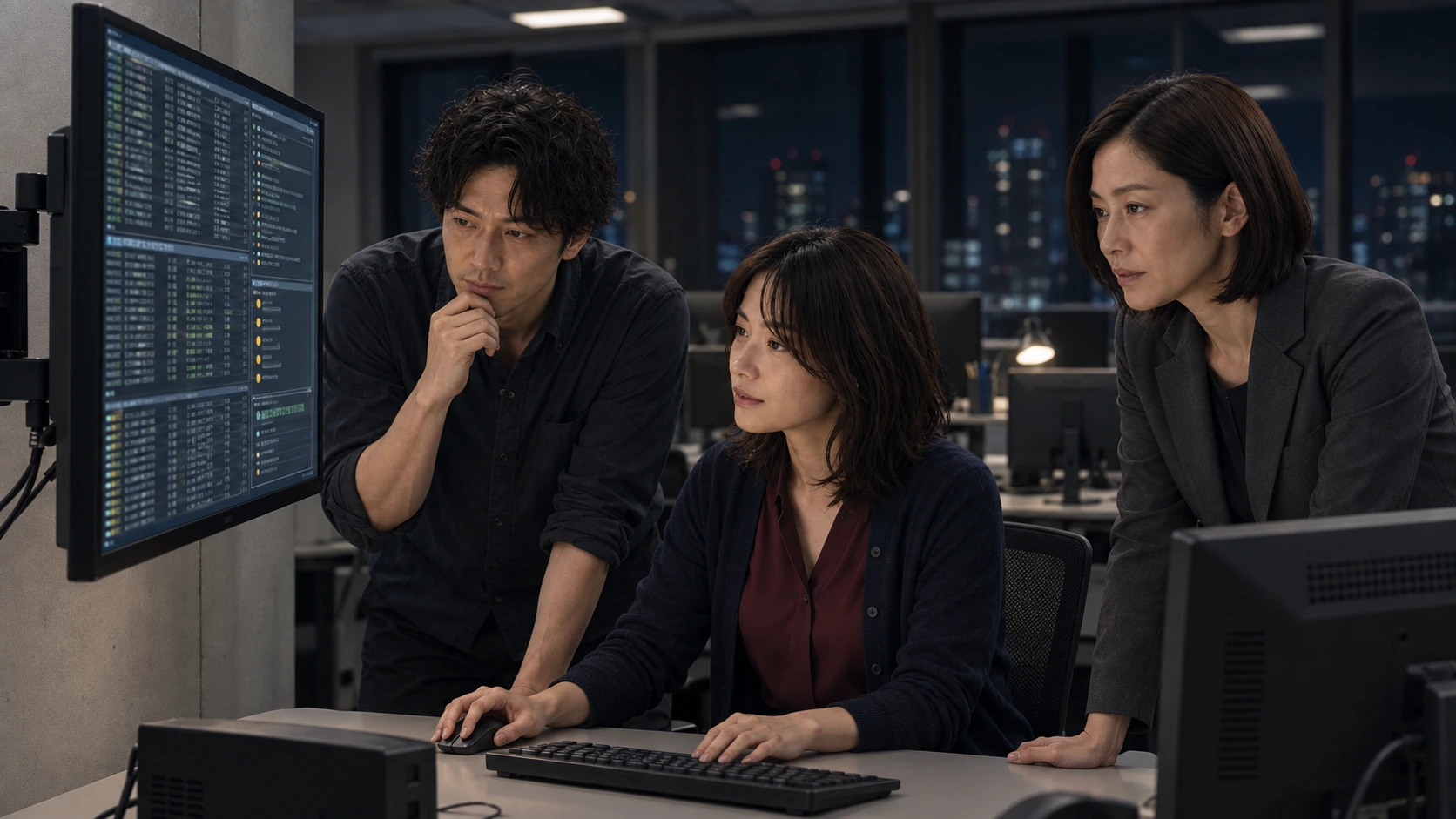 夜間の運用室でAI判断の説明責任を整理する瀬名と律たち